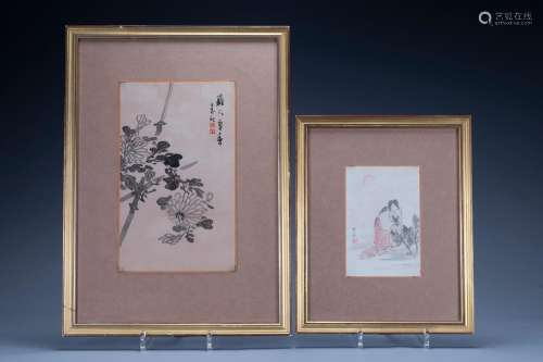 Two Japanese ink paintings on silk in gilt frames. One