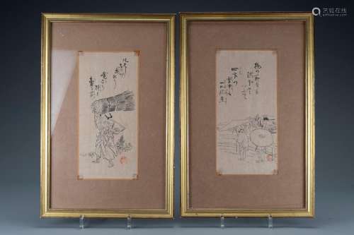 A pair of Japanese ink paintings on paper of farmers in