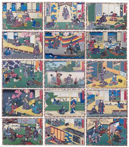 A group of fifteen Japanese woodblock prints of Genji