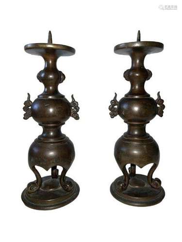 PAIR OF CHINESE BRONZE ARCHARIC SHAPED CANDLESTICKS 19TH CEN...