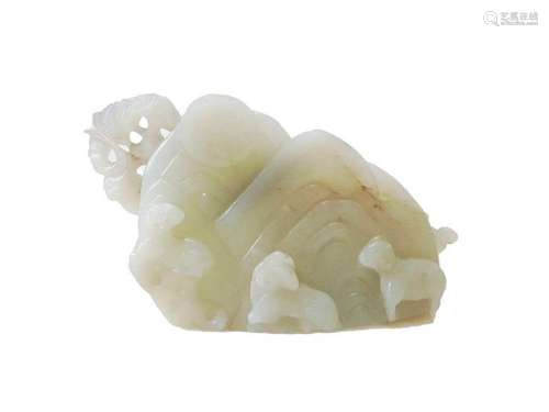 CHINESE WHITE JADE FIGURE GROUP DEPICTING LAMBS ON A MOUNTAI...