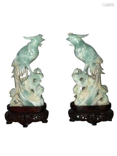 PAIR OF LATE QING CHINESE JADE BIRDS ON STANDS PALE CELADON ...