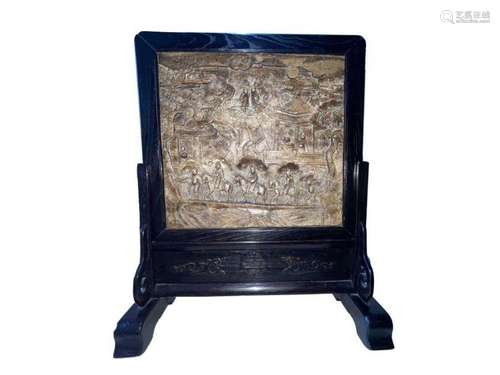 RARE LARGE CHINESE HARDSTONE CARVED PANEL MOUNTED ON ROSE WO...