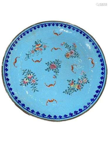 CHINESE CANTON ENAMEL FLORAL TURQUOISE PLATTER QIANLONG PERI...