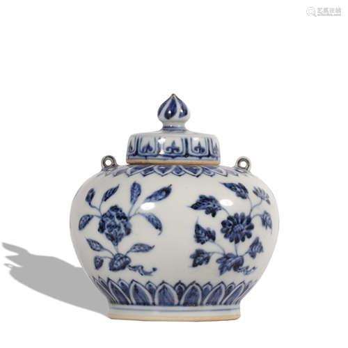 A blue and white 'floral' jar and cover