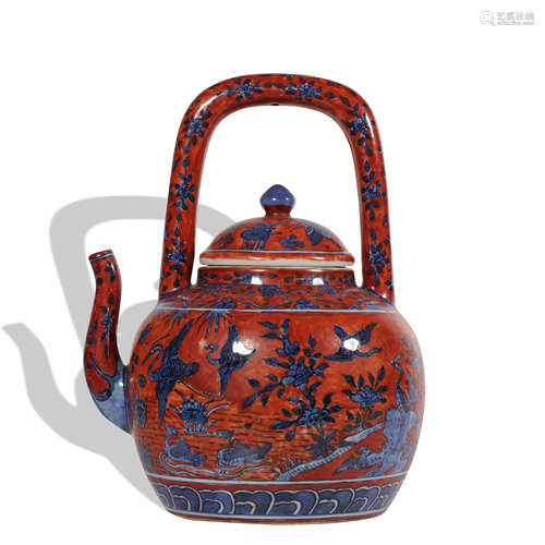 An underglaze-blue and copper-red teapot