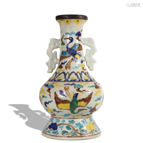 A enamel 'floral and birds' vase
