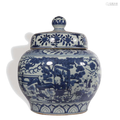 A blue and white 'figure' jar and cover