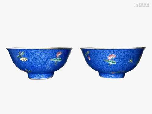 Chinese Qing Period Pair Of Blue Powder Floral Bowls