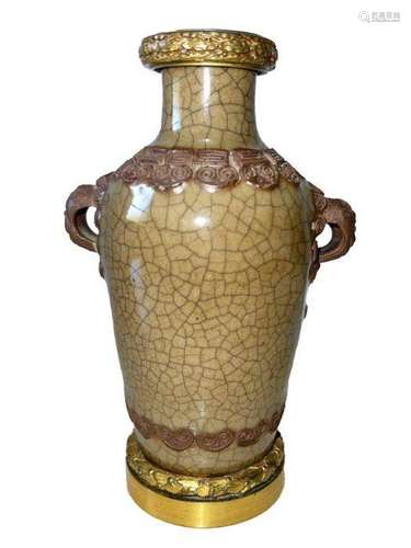 CHINESE CRACKLE VASE QING PERIOD ON FRENCH ORMOLU GILT BRONZ...