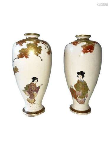 A PAIR OF JAPANESE MAPLE PATTERN SATSUMA VASES WITH GEISHA L...