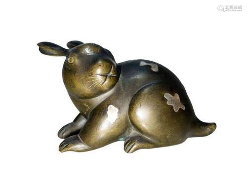 JAPANESE UNUSUAL BRONZE & SILVER INLAY RABBIT FIGURE 18T...