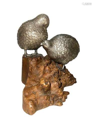 PAIR OF JAPANESE SILVERED BRONZE QUAILS OKIMONO ON WOODEN BA...