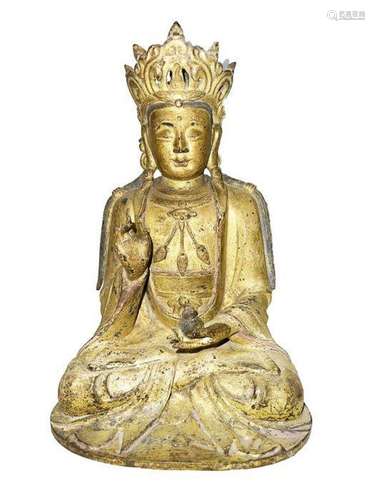 EXTREMELY RARE CHINESE GILT BRONZE CROWNED BUDDHA FIGURE MIN...