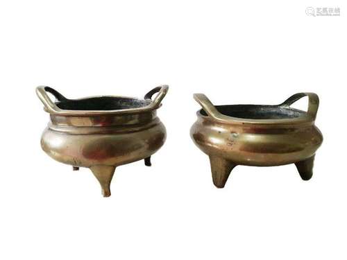 A Similar Pair Of Chinese Gilt Bronze Tripod Censers Each Ma...