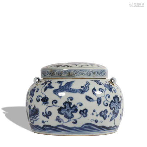 A blue and white 'floral and birds' jar and cover