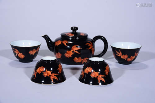 a set of chinese red glazed porcelain tea set