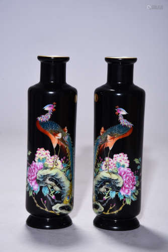pair of chinese black glazed famille rose porcelain vases