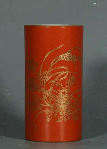 chinese red glazed porcelain brush pot