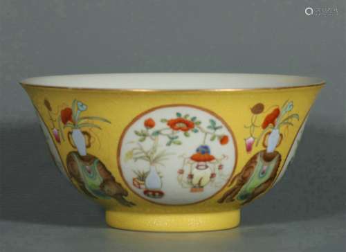 chinese yellow-ground famille rose porcelain bowl