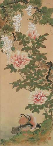 chinese painting of peony and mandarin duck