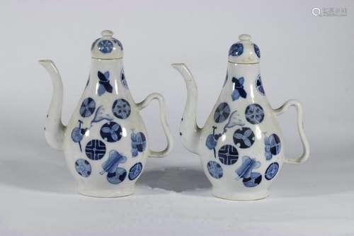 pair of chinese blue and white porcelain wine pots