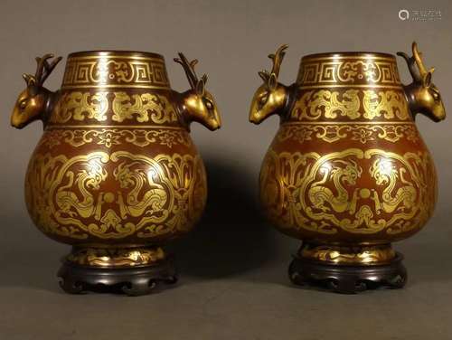 pair of chinese deer-head shaped bronze pots