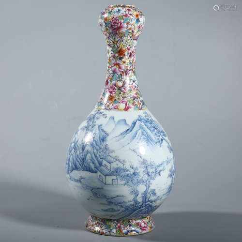 Qing Qianlong enamel blue landscape garlic bottle