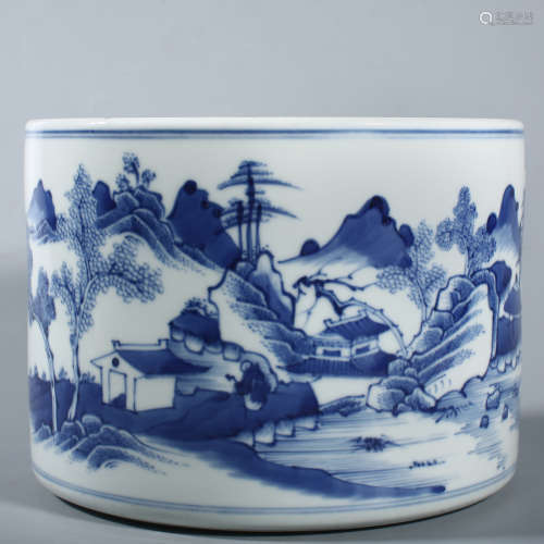 Qing Dynasty Yongzheng blue and white landscape censer