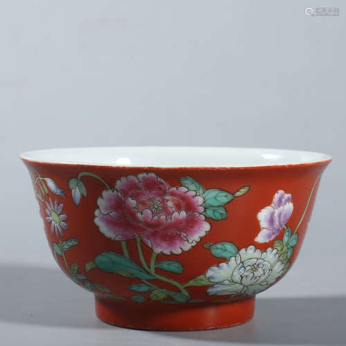 Qing Jiaqing red ground pastel nine autumn picture bowl