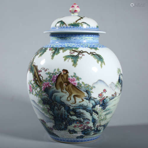 Qing Yongzheng enamel colored monkey auspicious pattern pot