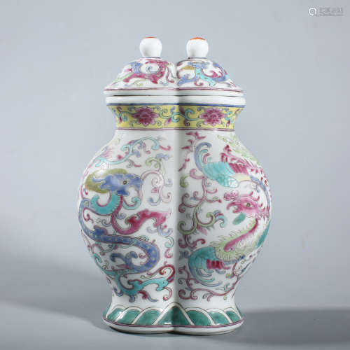 Qing Qianlong pink Dragon Phoenix double linked bottle