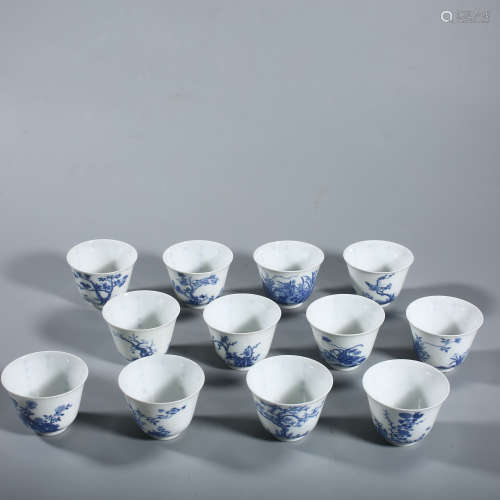 Qing Kangxi blue and white twelve flower god cup