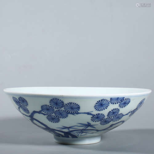 Qing Kangxi blue and white pine bamboo plum bowl