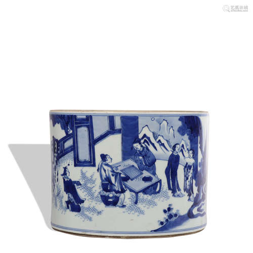 A blue and white 'figure' pen container