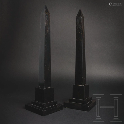 A pair of black French marble obelisks, 1st half of the