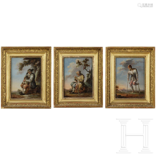 A set of three reverse glass paintings depicting