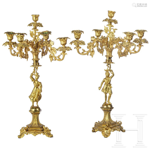 A pair of French five-flamed girandoles, circa 1860