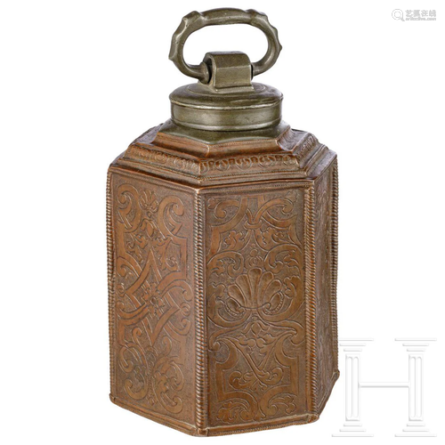 An engraved German copper flask, circa 1730