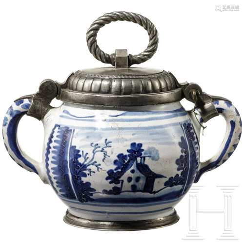 A German pewter mounted faience butter pot, Nuremberg,