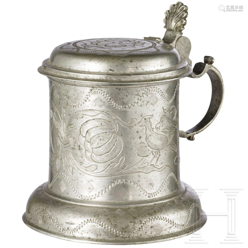 A small engraved pewter tankard by Adam Dengler,