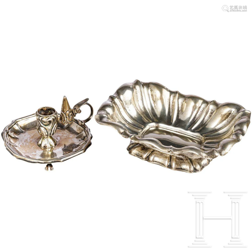 A German silver hand lamp and silver bowl, Dresden,