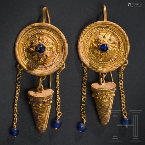 A pair of highly ornate, heavy Hellenistic gold