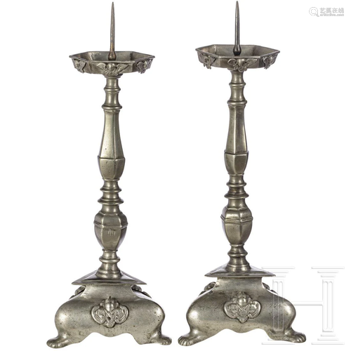 A pair of fine German pewter pricket candlesticks,