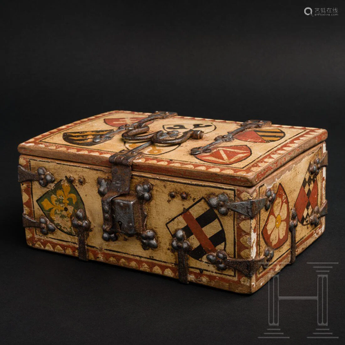 A German Gothic casket painted with heraldic shields,