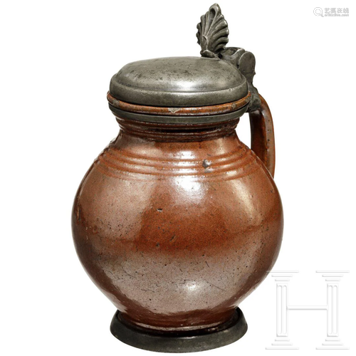 A small German pewter-mounted stoneware tankard, dated