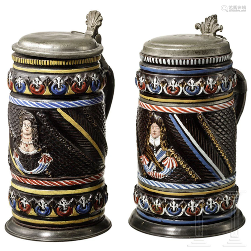 A pair of stoneware jugs in coloured enamel, Creuß