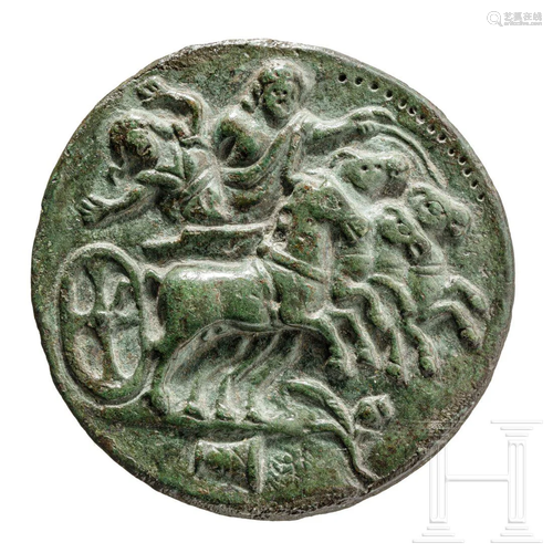 A Roman bronze medallion with quadriga-scene, 2nd - 3rd