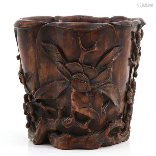 A Carved Huanghuali Wood Brush Pot