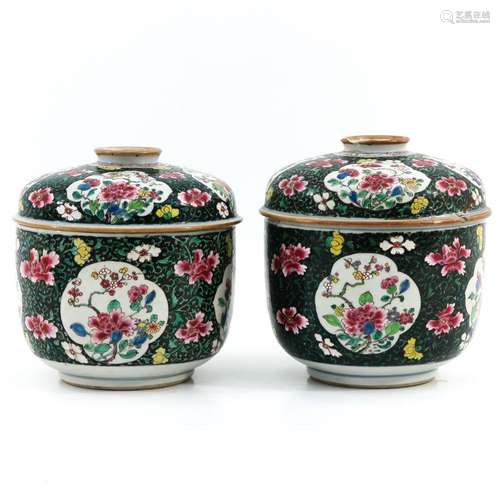 A Pair of Famille Verte Jars with Covers